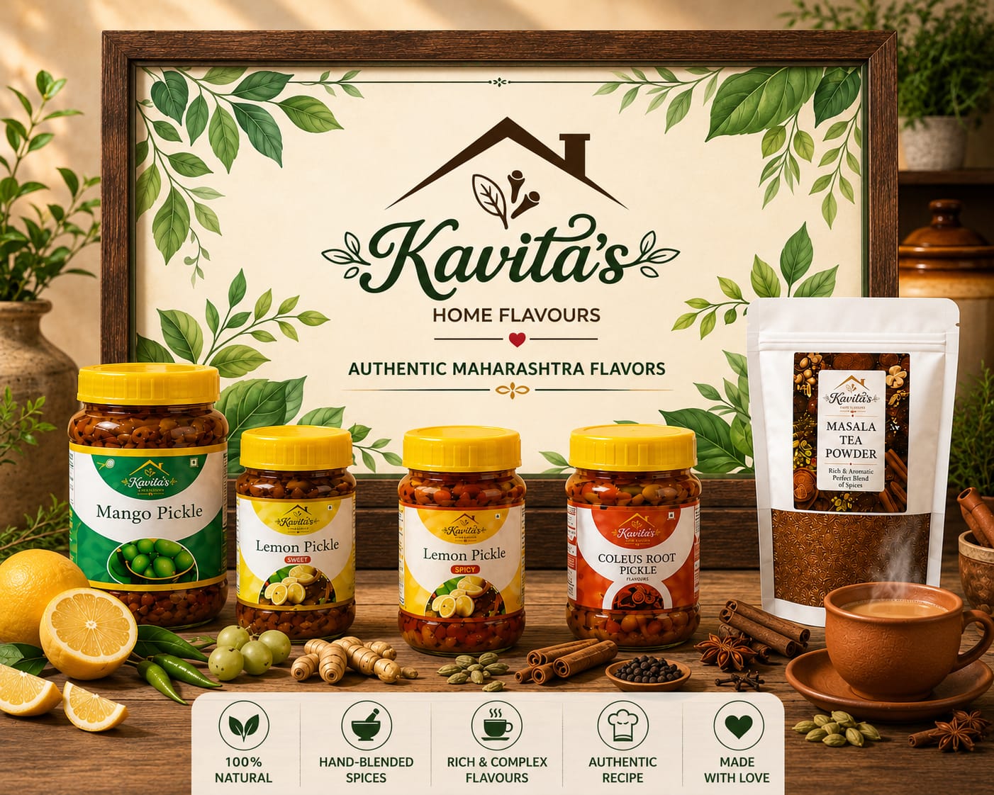 Kavita's Home Flavours framed brand sign with mango, sweet and spicy lemon, coleus root pickle jars, masala tea powder pouch and a cup of chai